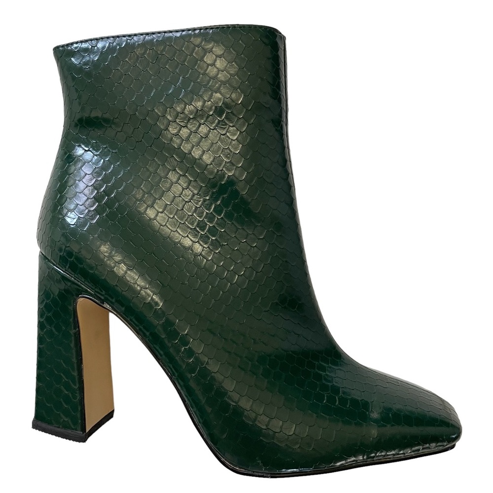 Dark Green Mid-Calf Snake Print Square Toe Block Heel